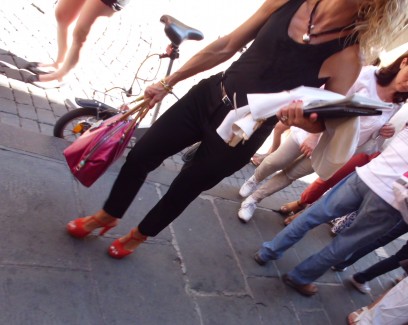 Red Heels on the Cobblestones in Florence Italy