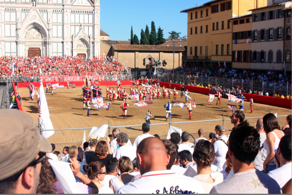 Flag men on the field at calcio storico Florence Italy