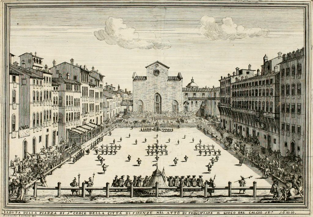 A game of Calcio storico in the 1600s, with the old facade of Santa Croce